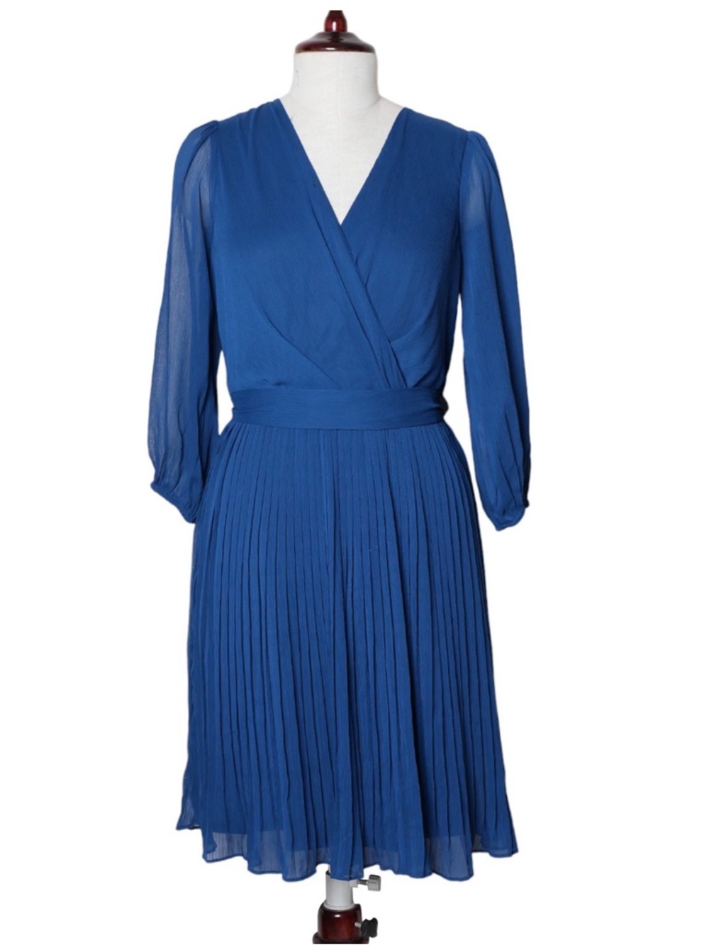 $139 DKNY Dress Pleated V-neck Wrap w Tie Sz 12 NWT Blue Long Sleeve